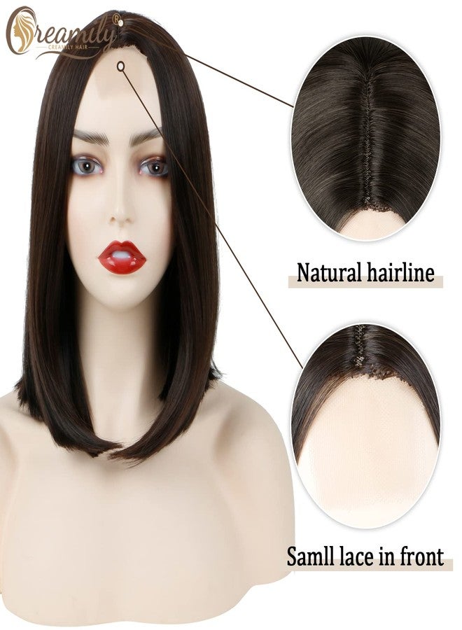 Creamily 14 Inch Short Dark Brown Bob Wigs for Women Shoulder Length Straight Wig Middle Part Small Lace Front Wig Synthetic Hair Replacement Wigs for Women Bob Hairstyle - Image 4